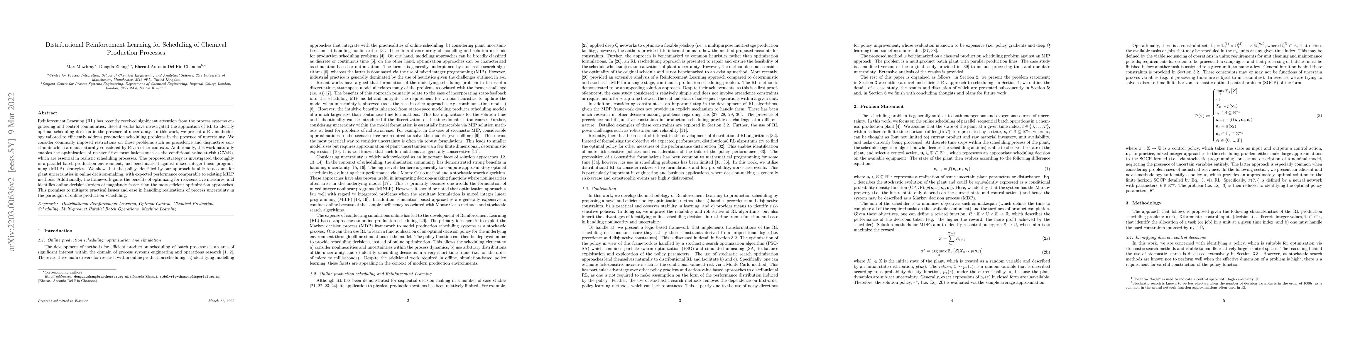 Thumbnail for Distributional Reinforcement Learning for Scheduling of Chemical
  Production Processes