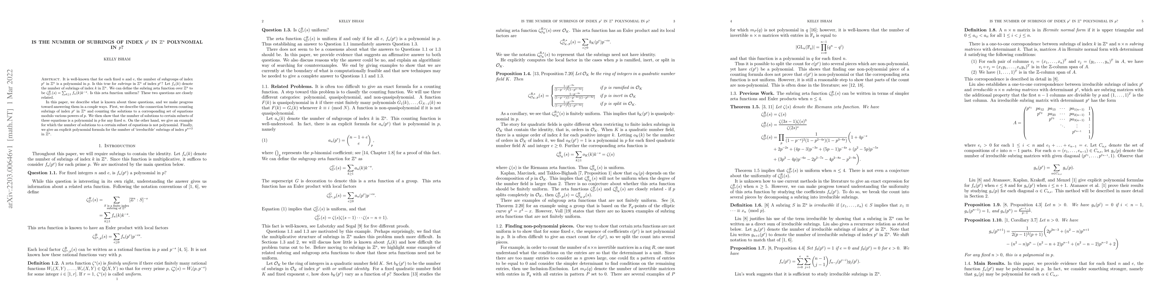 Thumbnail for Is the number of subrings of index $p^e$ in $\mathbb{Z}^n$ polynomial in
  $p$?