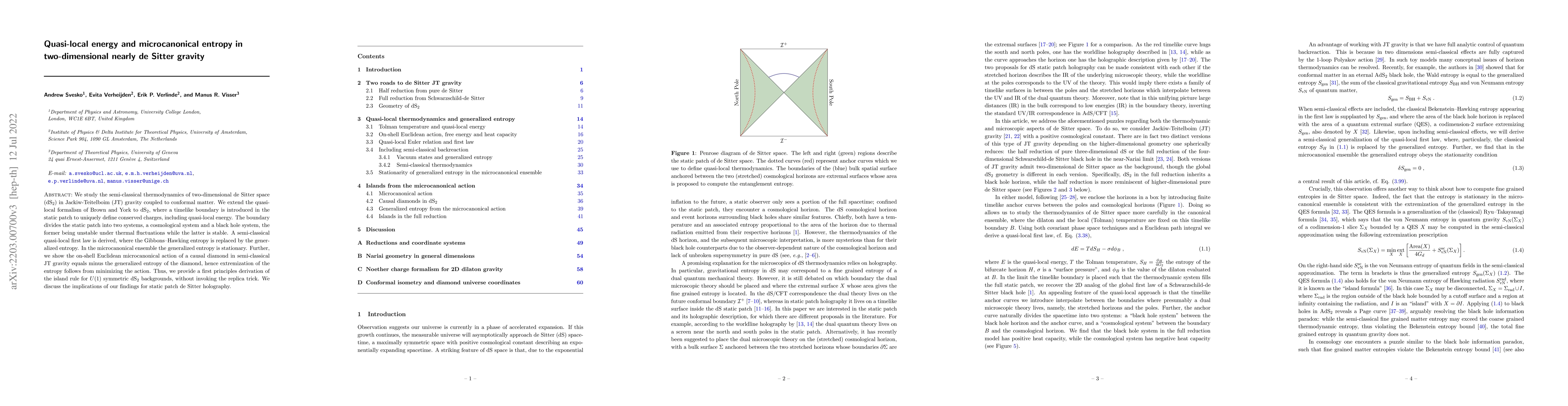 Thumbnail for Quasi-local energy and microcanonical entropy in two-dimensional nearly
  de Sitter gravity