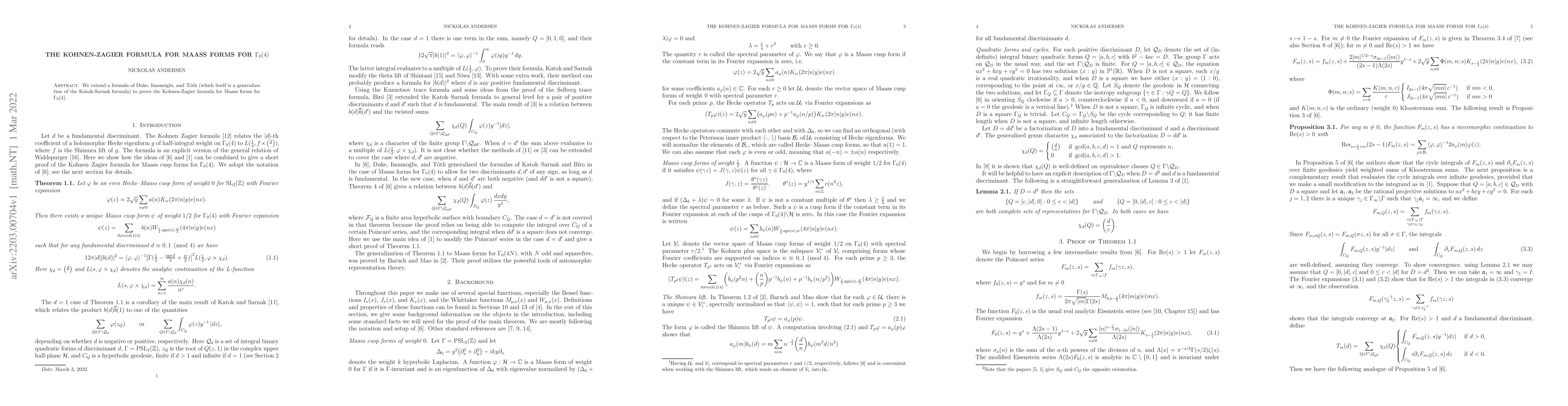 Thumbnail for The Kohnen-Zagier formula for Maass forms for $\Gamma_0(4)$
