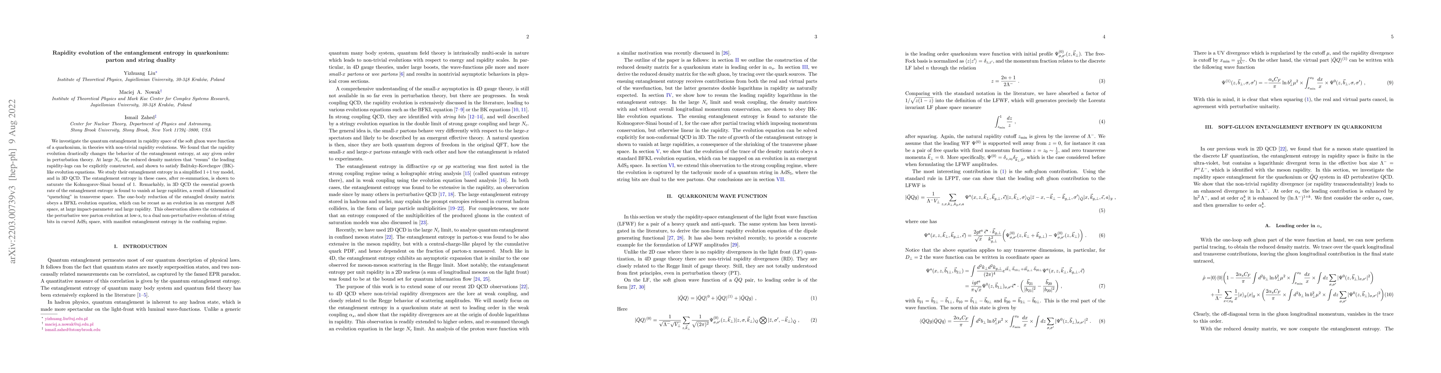 Thumbnail for Rapidity evolution of the entanglement entropy in quarkonium: parton and
  string duality