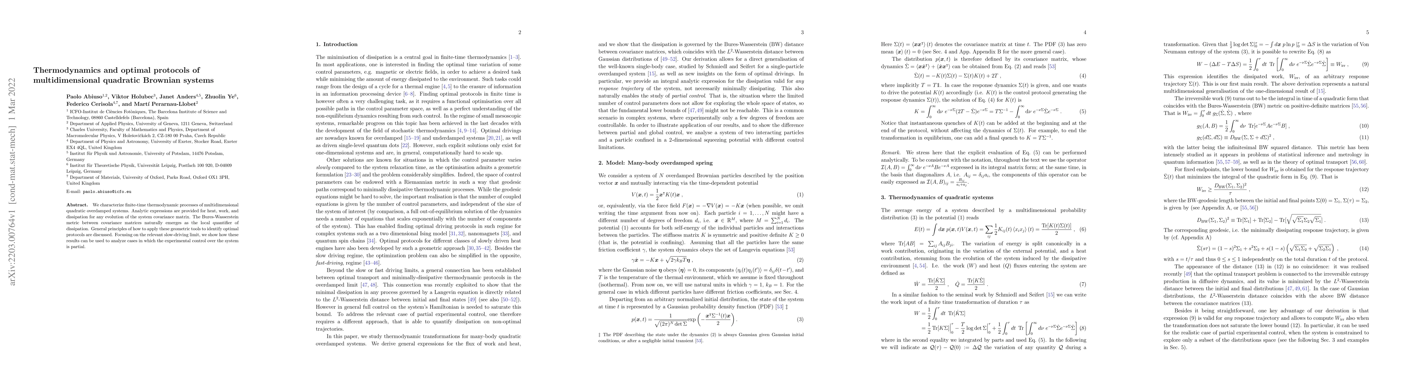 Thumbnail for Thermodynamics and optimal protocols of multidimensional quadratic
  Brownian systems