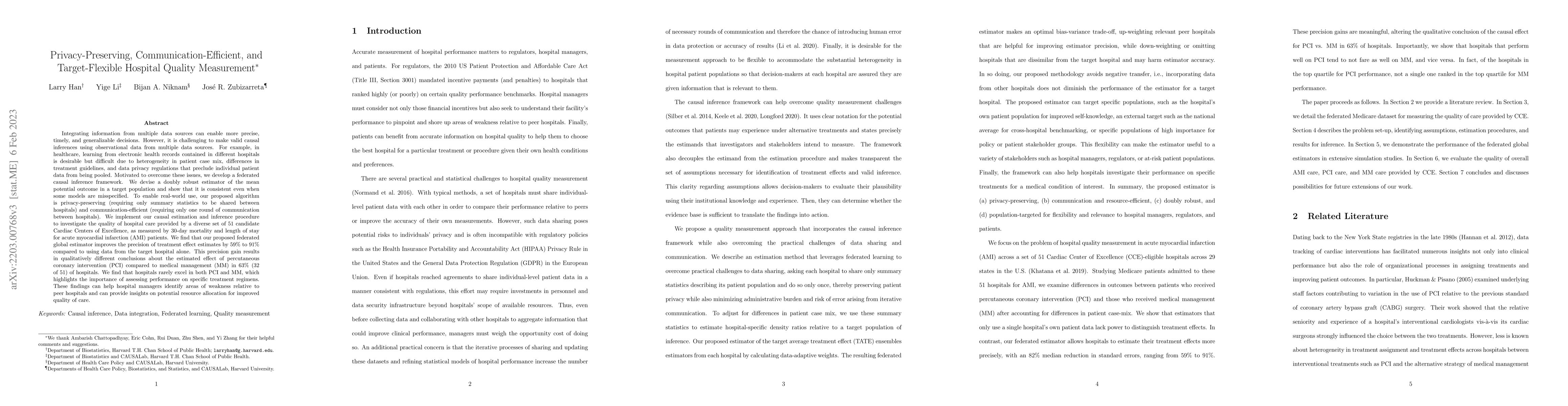 Thumbnail for Privacy-Preserving, Communication-Efficient, and Target-Flexible
  Hospital Quality Measurement