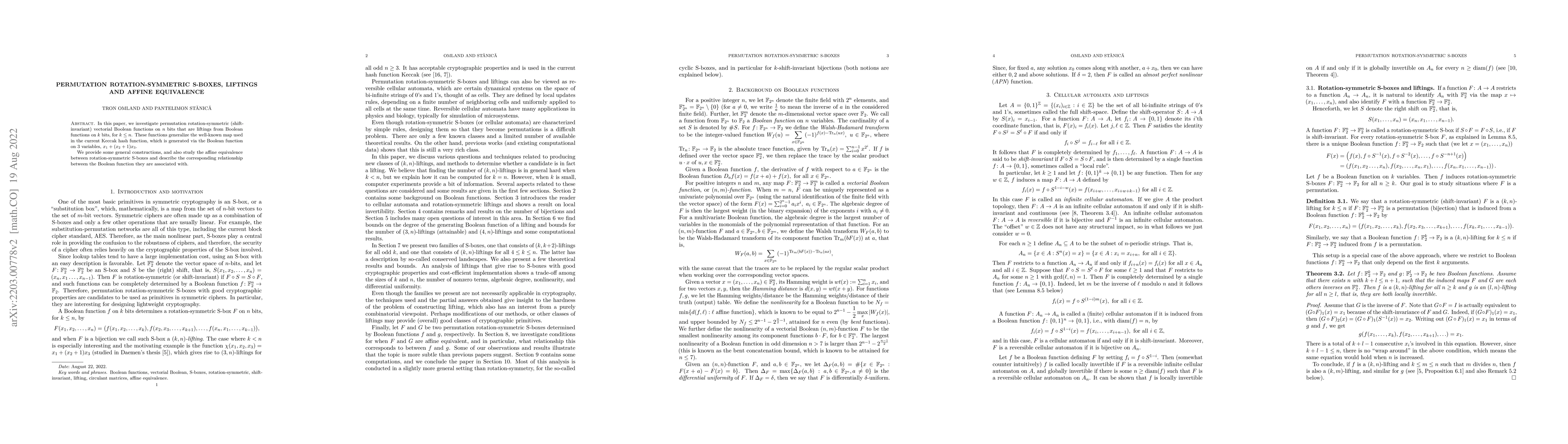 Thumbnail for Permutation rotation-symmetric S-boxes, liftings and affine equivalence