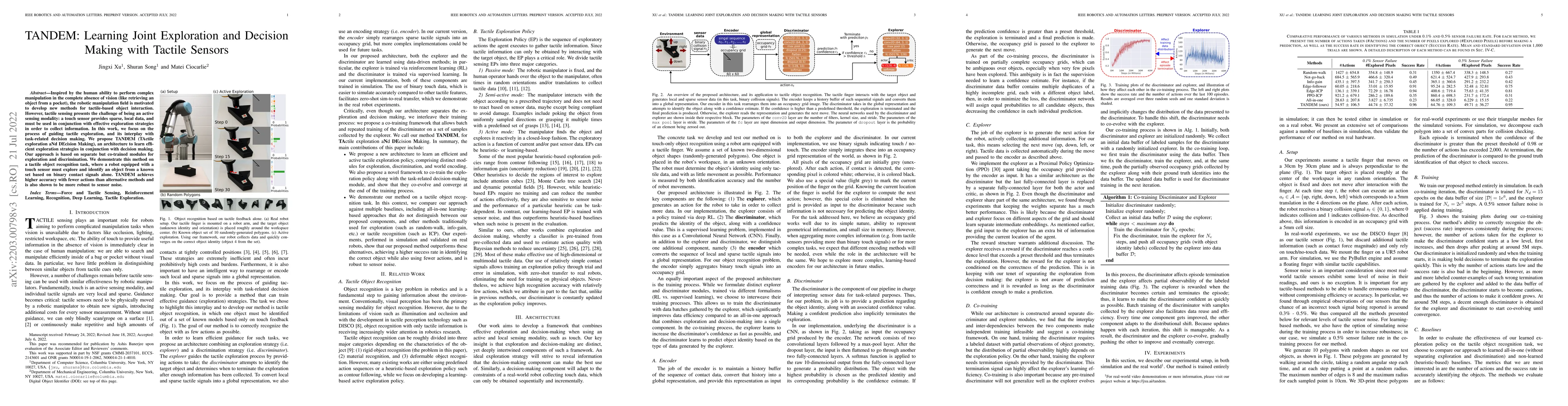 Thumbnail for TANDEM: Learning Joint Exploration and Decision Making with Tactile
  Sensors