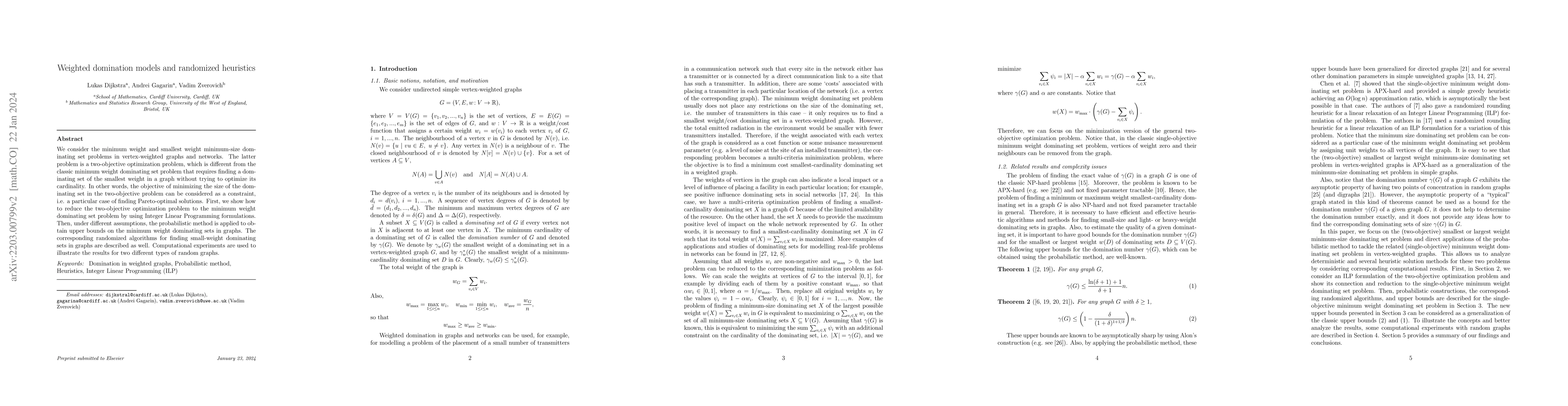 Thumbnail for Weighted domination models and randomized heuristics
