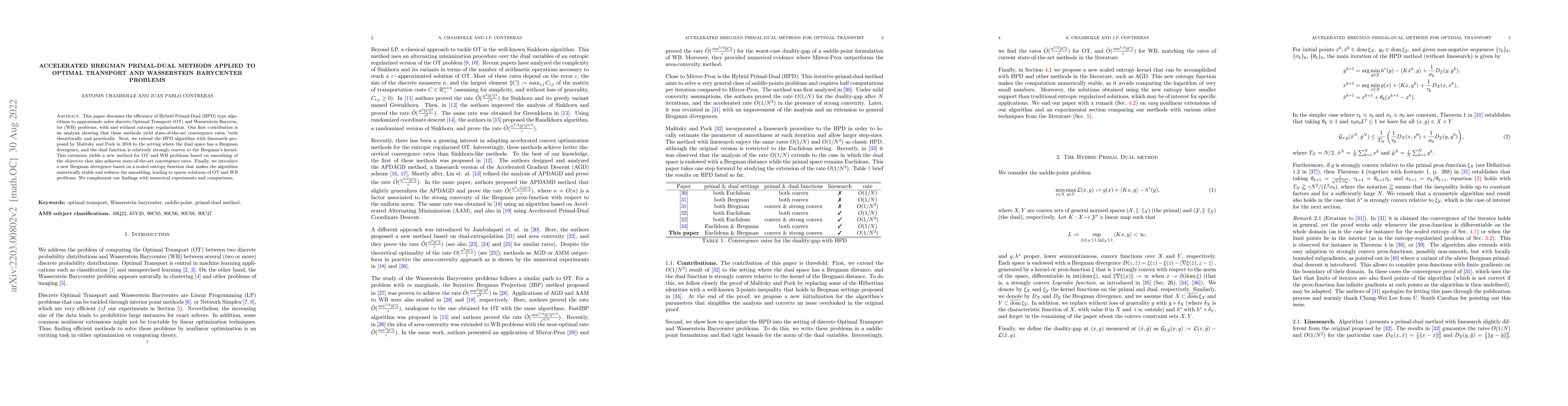 Thumbnail for Accelerated Bregman Primal-Dual methods applied to Optimal Transport and
  Wasserstein Barycenter problems