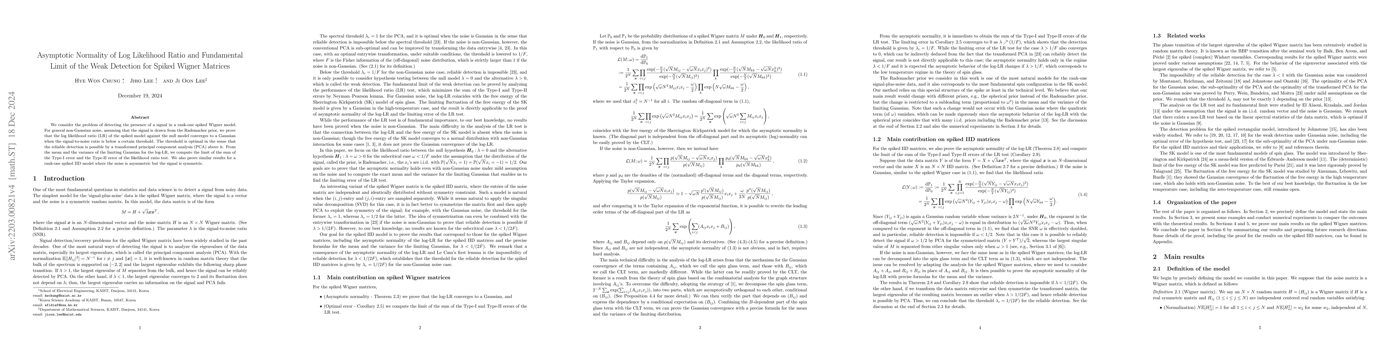 Thumbnail for Asymptotic Normality of Log Likelihood Ratio and Fundamental Limit of
  the Weak Detection for Spiked Wigner Matrices