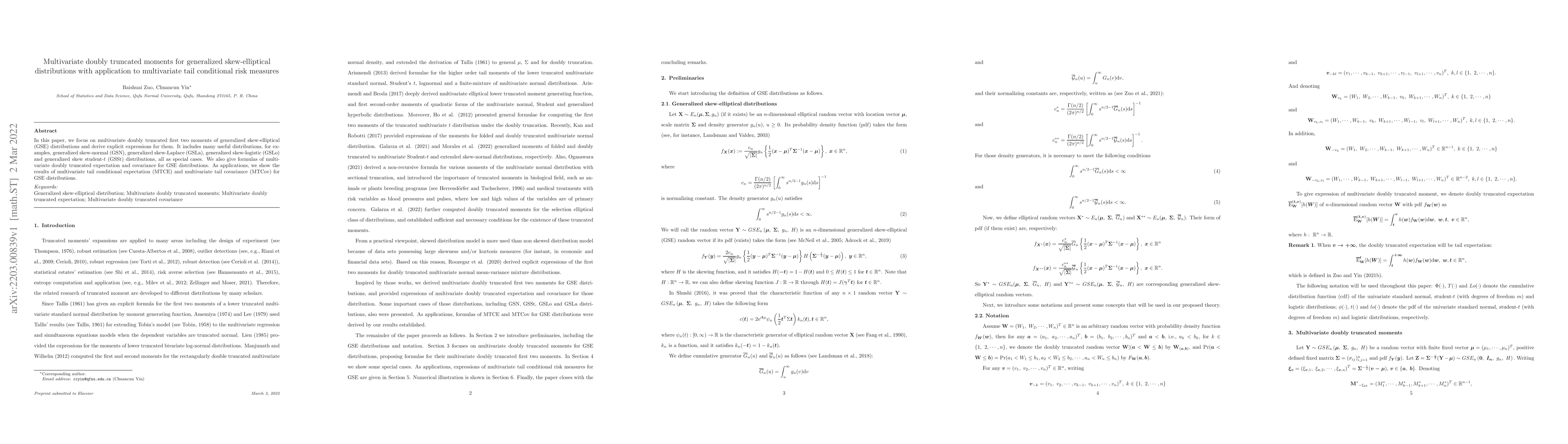 Thumbnail for Multivariate doubly truncated moments for generalized skew-elliptical
  distributions with application to multivariate tail conditional risk measures