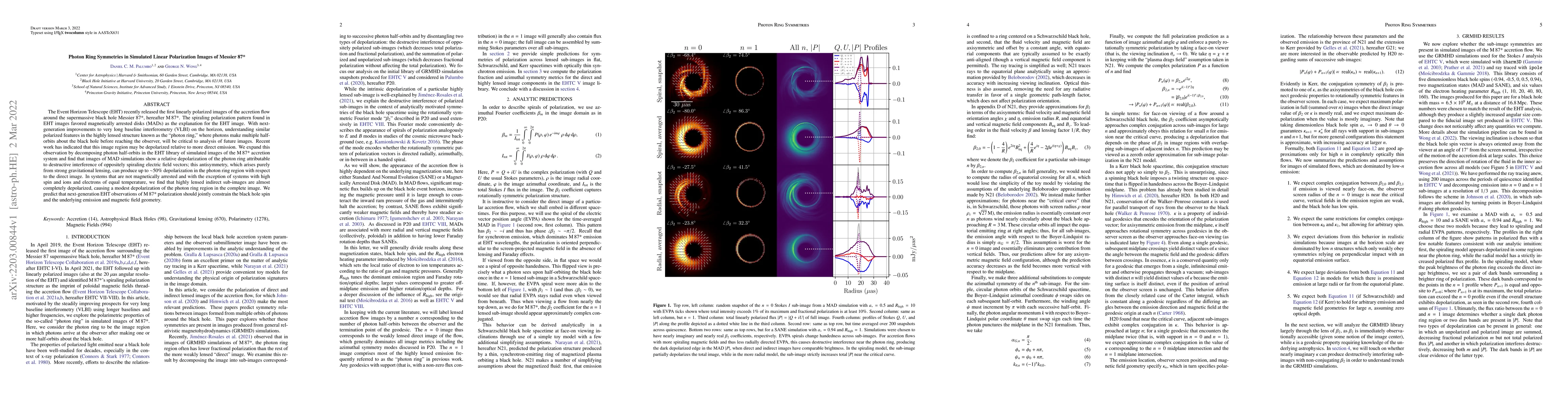 Thumbnail for Photon Ring Symmetries in Simulated Linear Polarization Images of
  Messier 87*