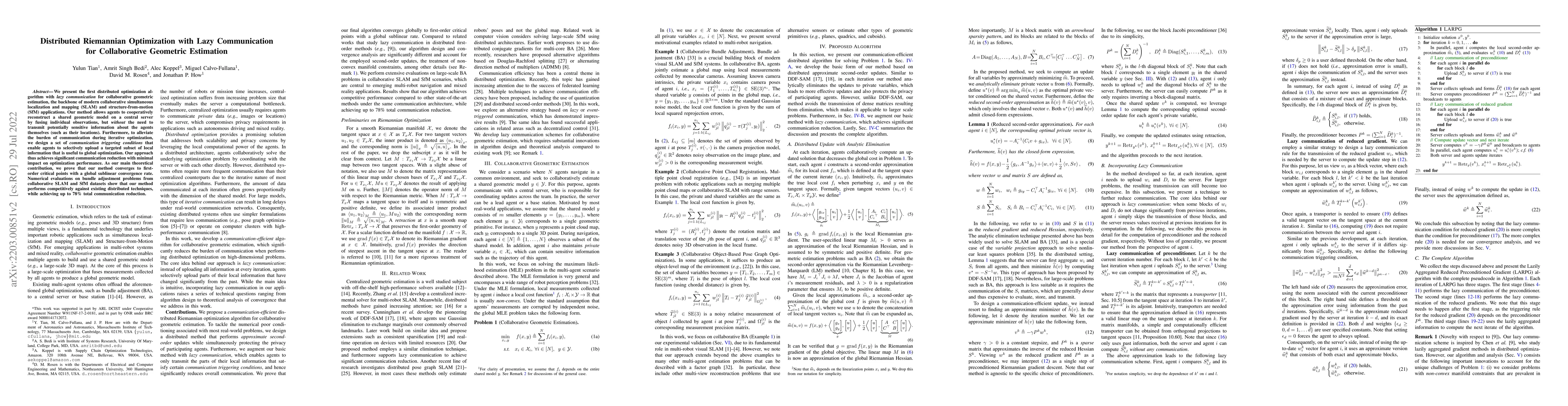 Thumbnail for Distributed Riemannian Optimization with Lazy Communication for
  Collaborative Geometric Estimation
