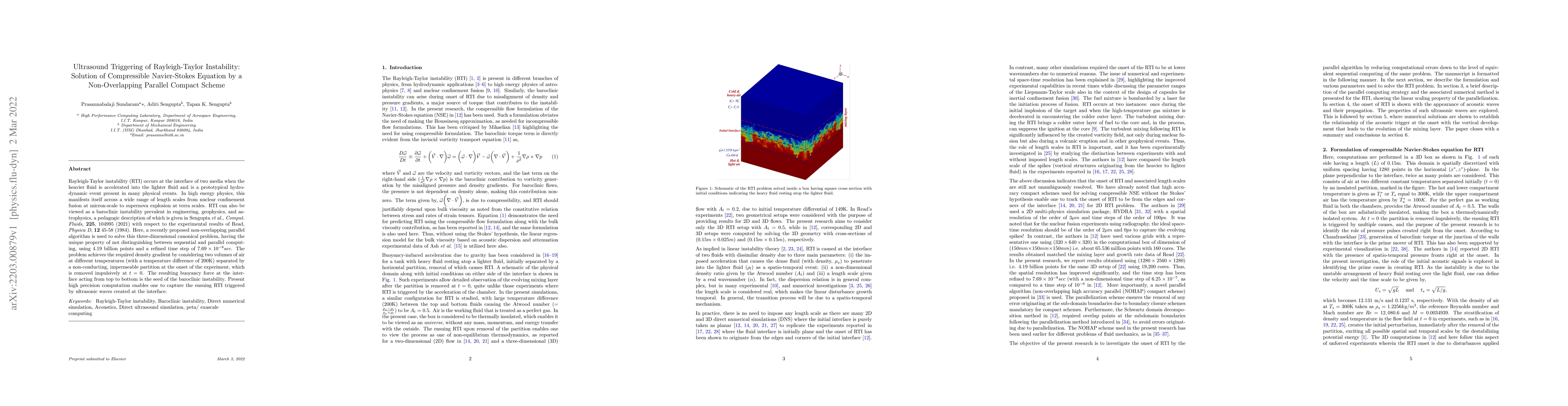 Thumbnail for Ultrasound Triggering of Rayleigh-Taylor Instability: Solution of
  Compressible Navier-Stokes Equation by a Non-Overlapping Parallel Compact
  Scheme