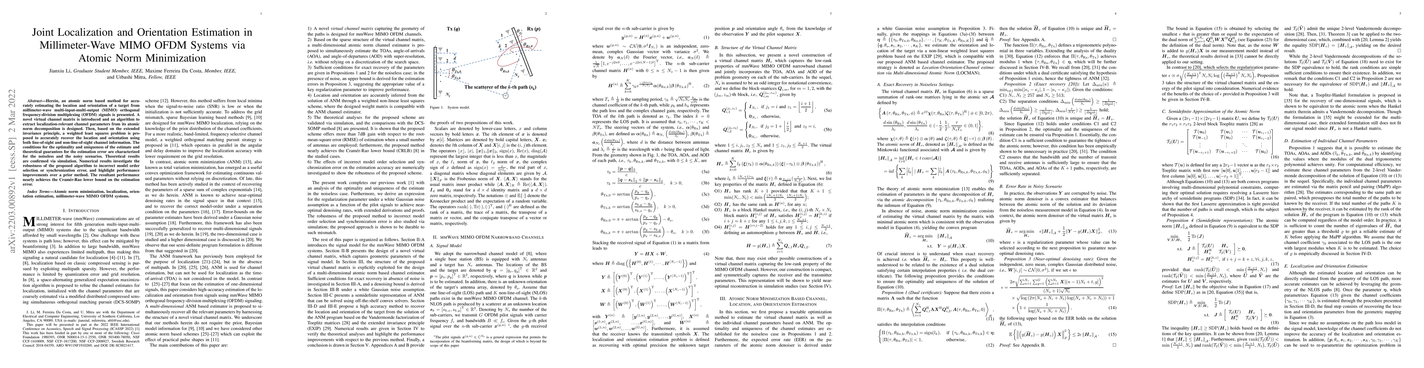 Thumbnail for Joint Localization and Orientation Estimation in Millimeter-Wave MIMO
  OFDM Systems via Atomic Norm Minimization