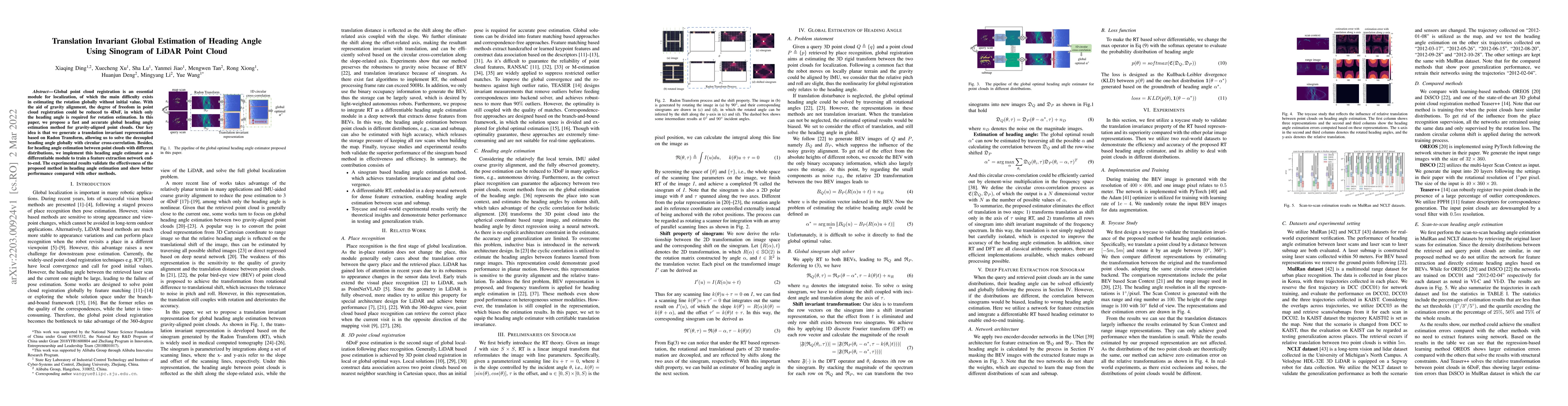 Thumbnail for Translation Invariant Global Estimation of Heading Angle Using Sinogram
  of LiDAR Point Cloud