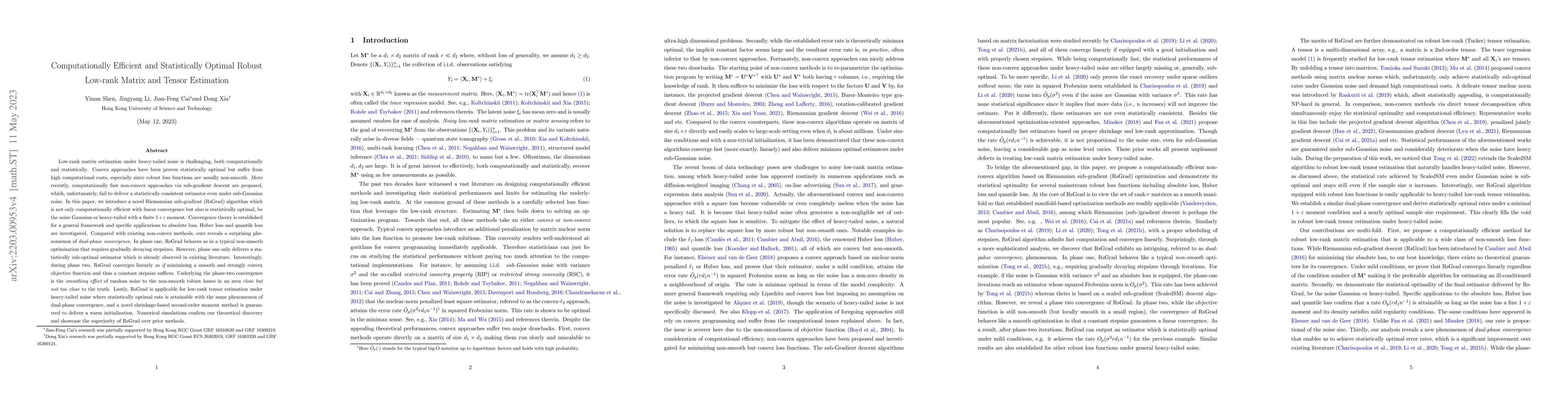 Thumbnail for Computationally Efficient and Statistically Optimal Robust Low-rank
  Matrix and Tensor Estimation