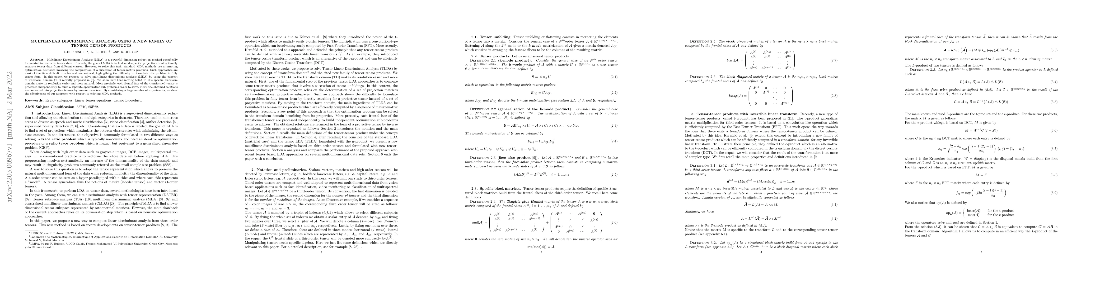 Thumbnail for Multilinear Discriminant Analysis using a new family of tensor-tensor
  products