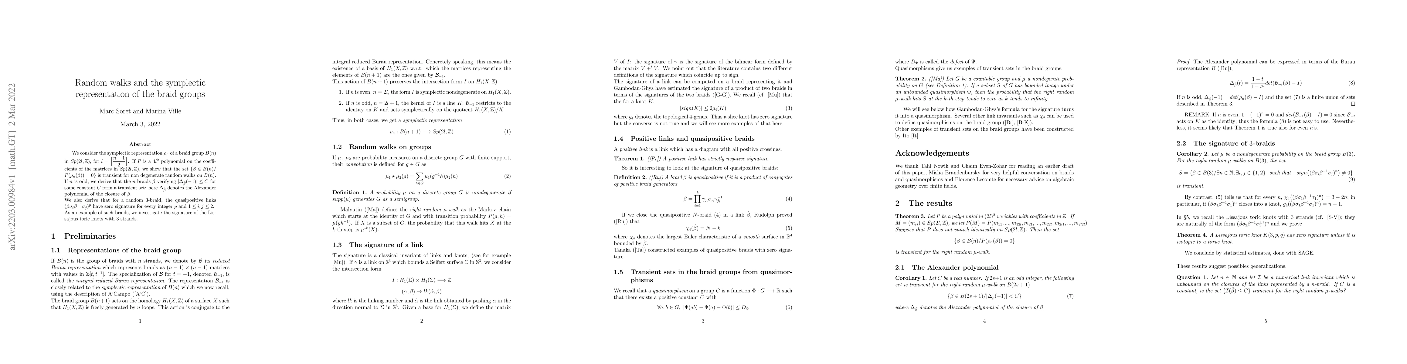 Thumbnail for Random walks and the symplectic representation of the braid group