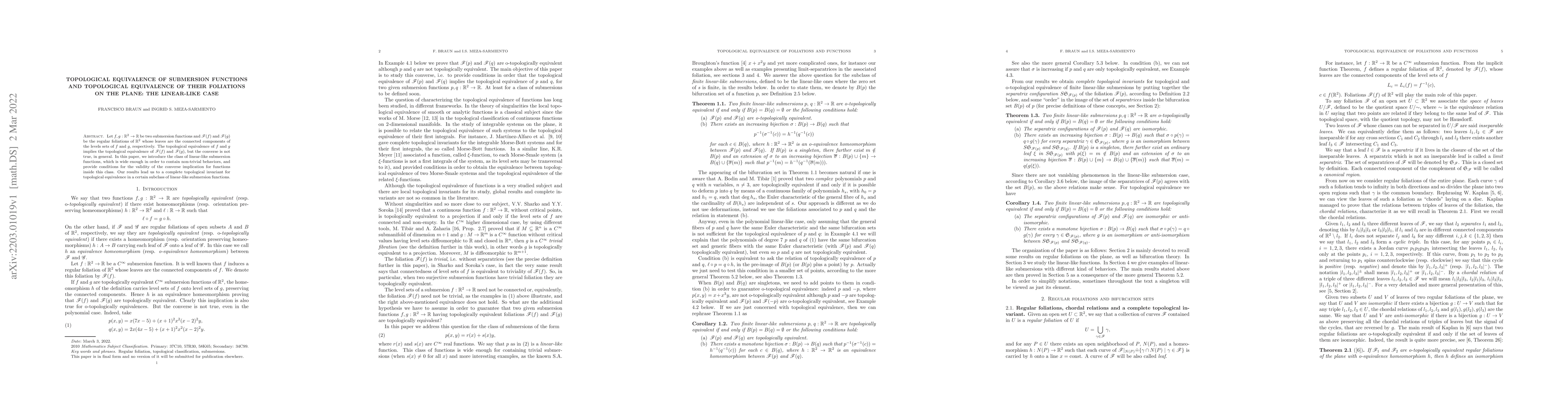 Thumbnail for Topological equivalence of submersion functions and topological
  equivalence of their foliations on the plane: the linear-like case