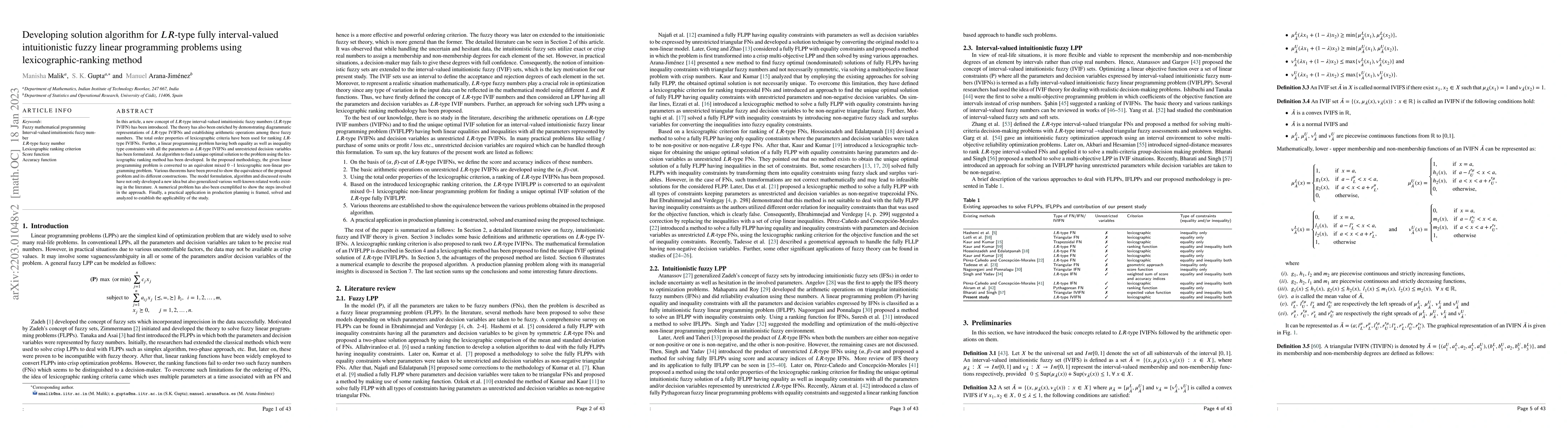 Thumbnail for Developing solution algorithm for LR-type fully interval-valued
  intuitionistic fuzzy linear programming problems using lexicographic-ranking
  method