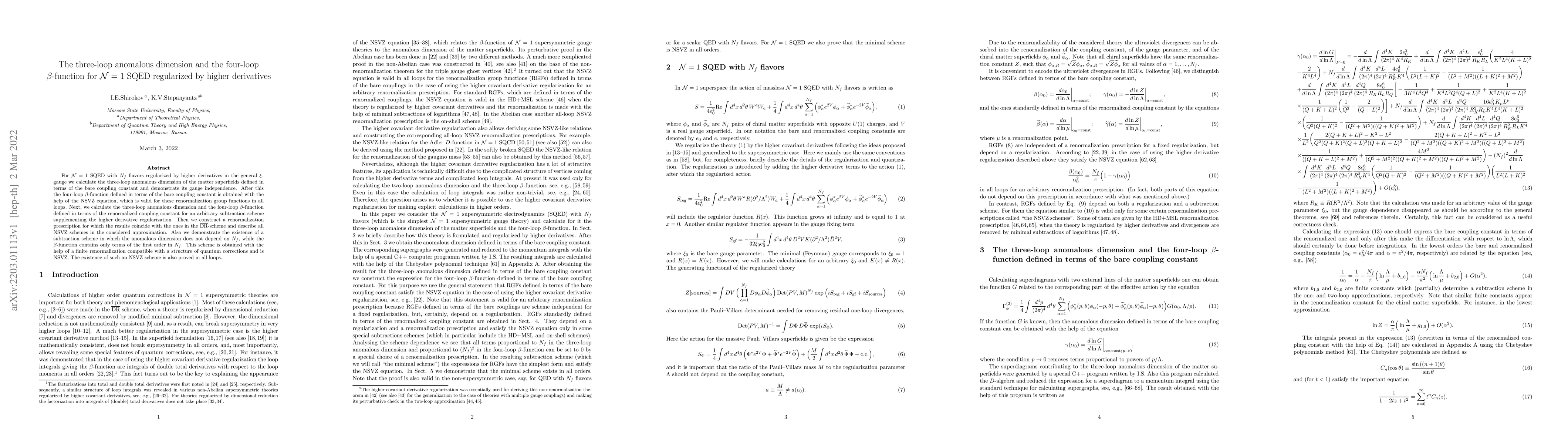 Thumbnail for The three-loop anomalous dimension and the four-loop $\beta$-function
  for ${\cal N}=1$ SQED regularized by higher derivatives
