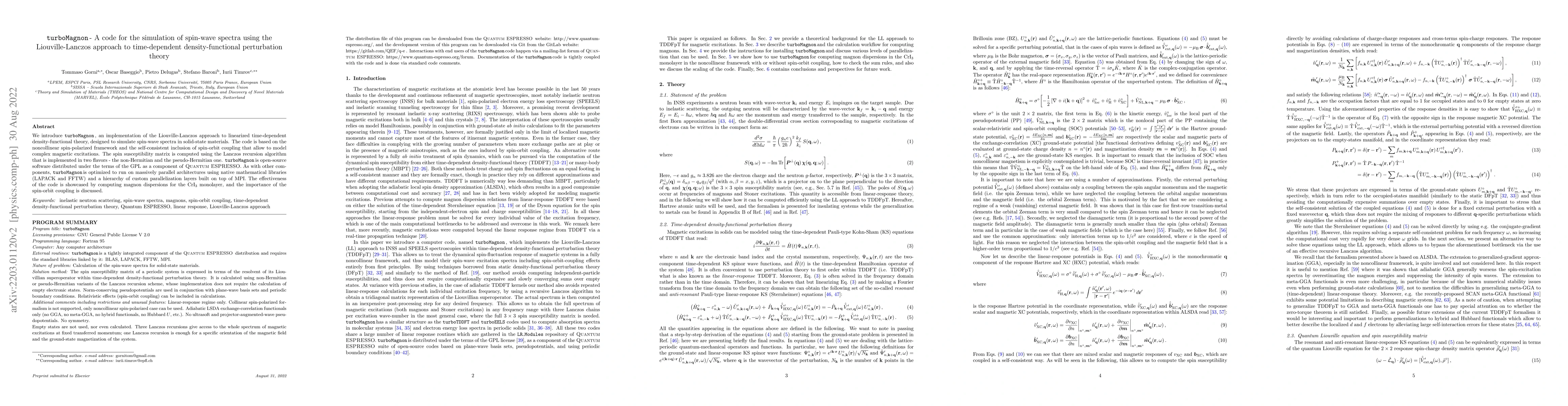 Thumbnail for turboMagnon -- A code for the simulation of spin-wave spectra using the
  Liouville-Lanczos approach to time-dependent density-functional perturbation
  theory
