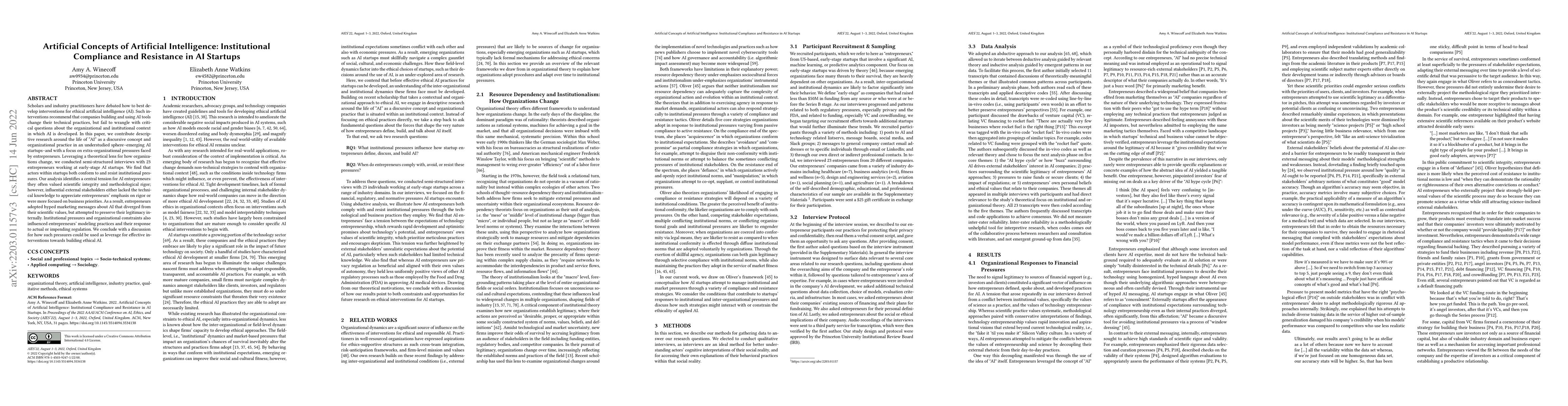 Thumbnail for Artificial Concepts of Artificial Intelligence: Institutional Compliance
  and Resistance in AI Startups