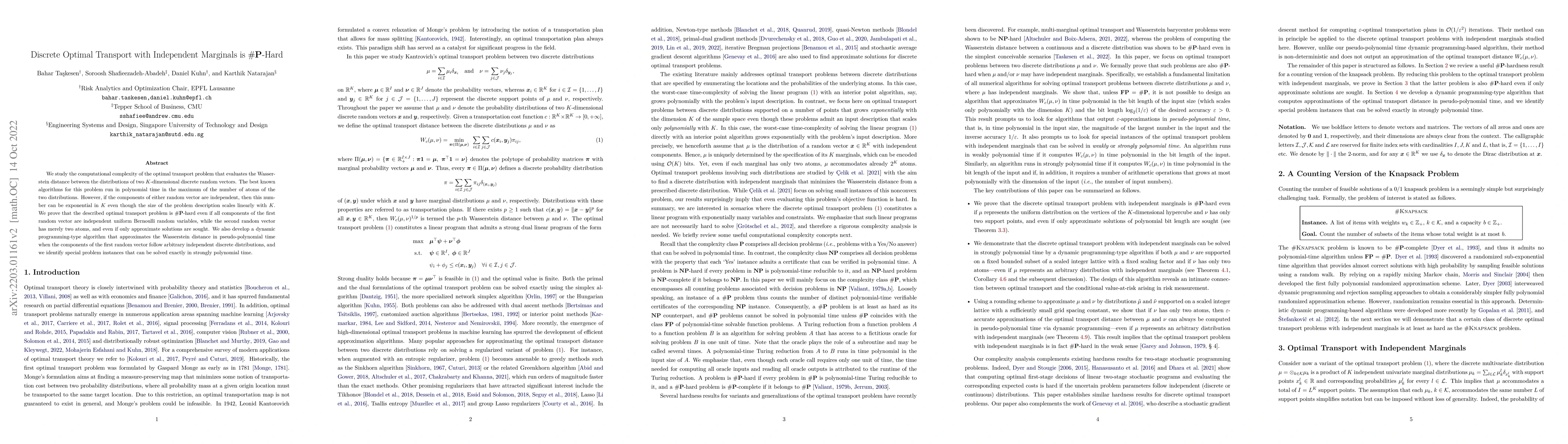 Thumbnail for Discrete Optimal Transport with Independent Marginals is #P-Hard