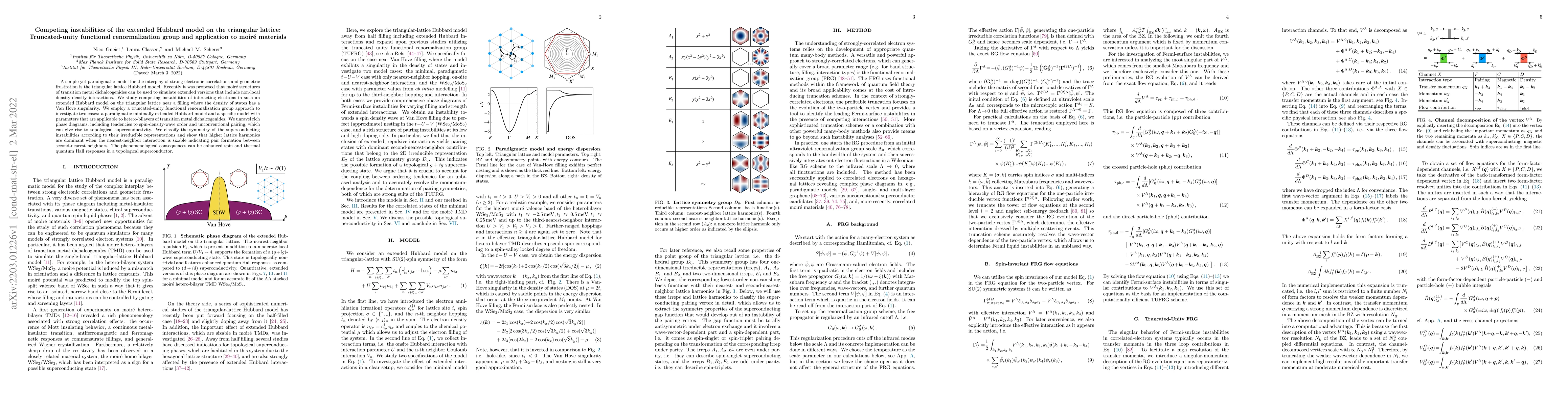 Thumbnail for Competing instabilities of the extended Hubbard model on the triangular
  lattice: Truncated-unity functional renormalization group and application to
  moir\'e materials