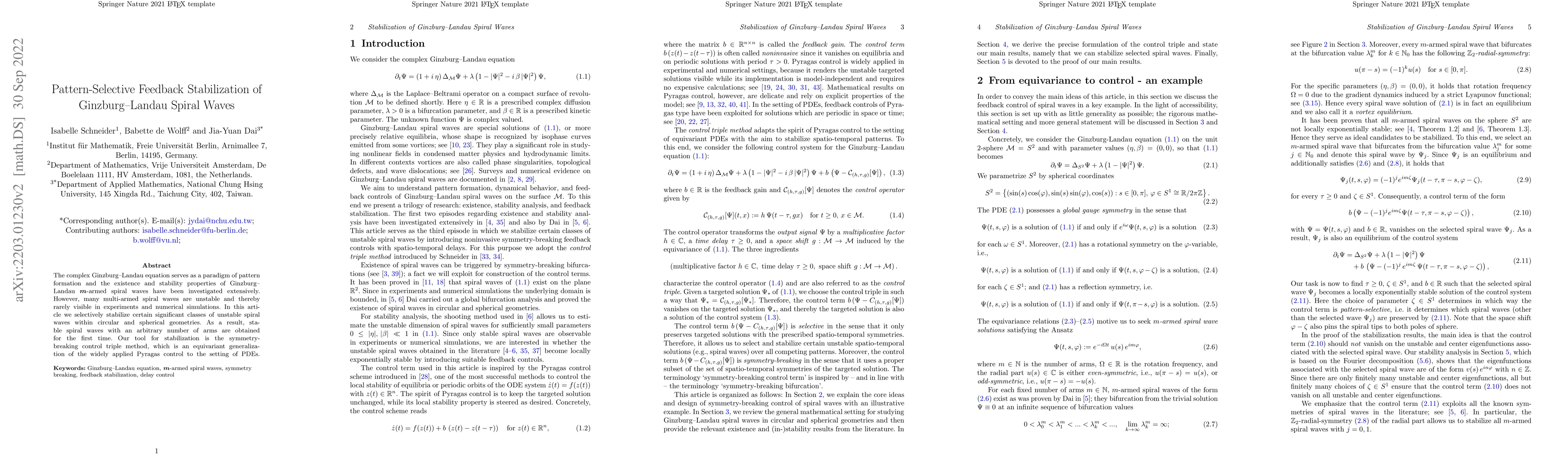 Thumbnail for Pattern-Selective Feedback Stabilization of Ginzburg--Landau Spiral
  Waves