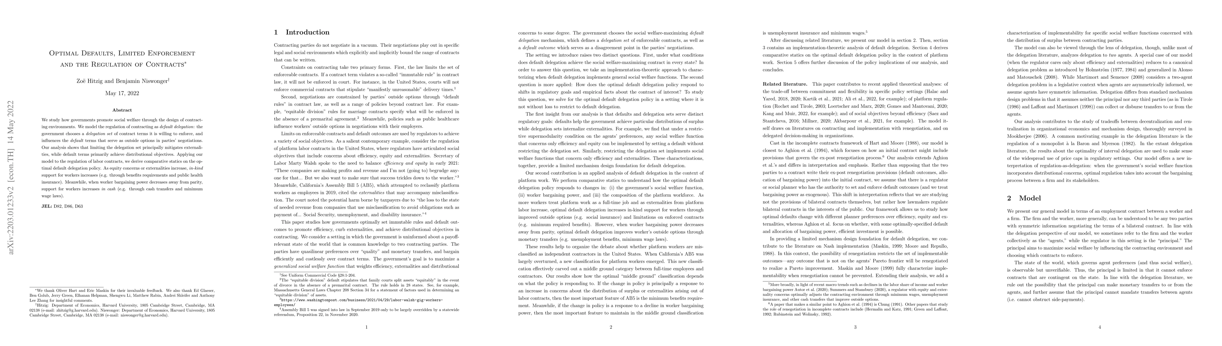 Thumbnail for Optimal Defaults, Limited Enforcement and the Regulation of Contracts
