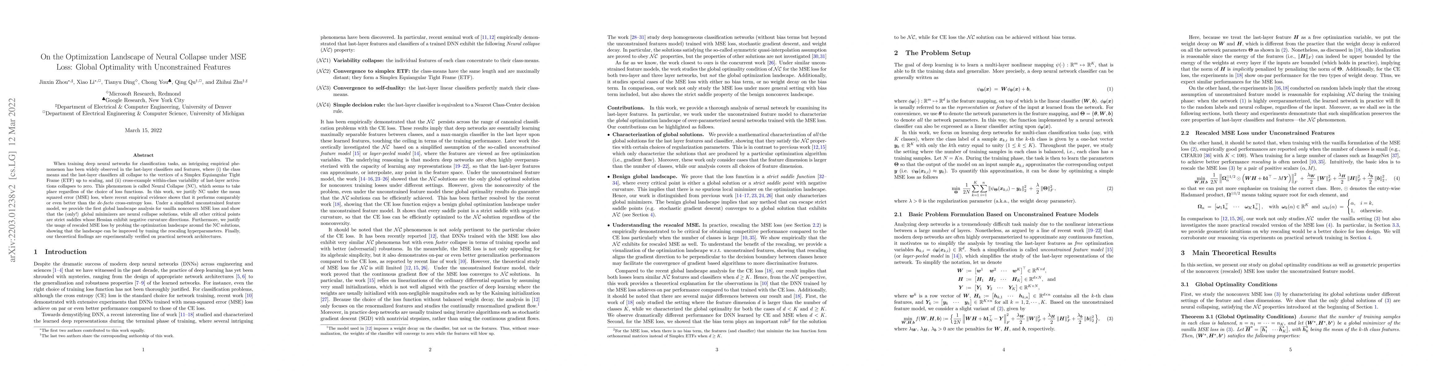 Thumbnail for On the Optimization Landscape of Neural Collapse under MSE Loss: Global
  Optimality with Unconstrained Features