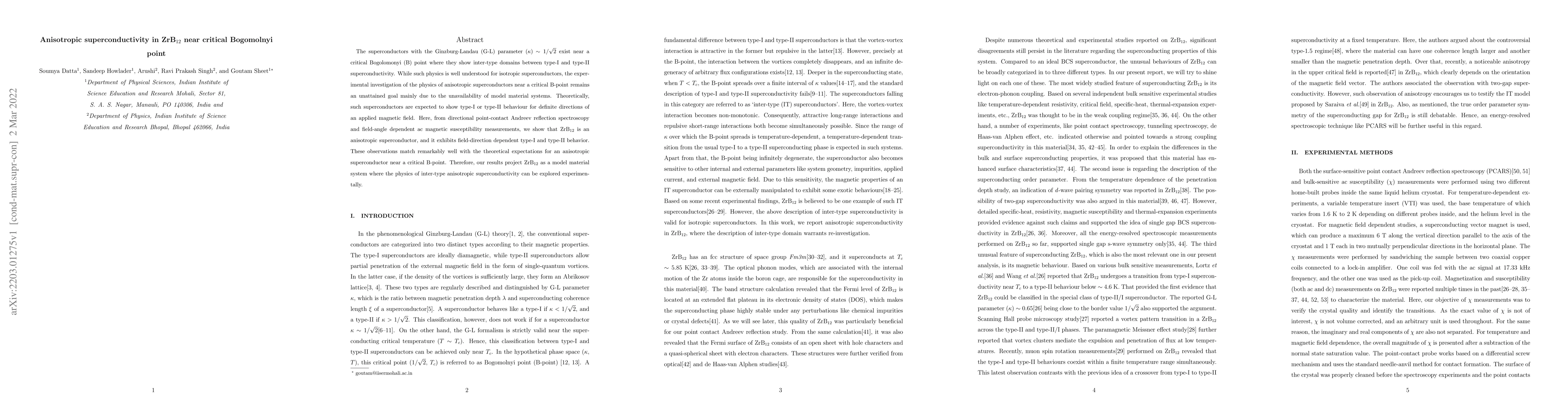 Thumbnail for Anisotropic superconductivity in ZrB$_{12}$ near critical Bogomolnyi
  point