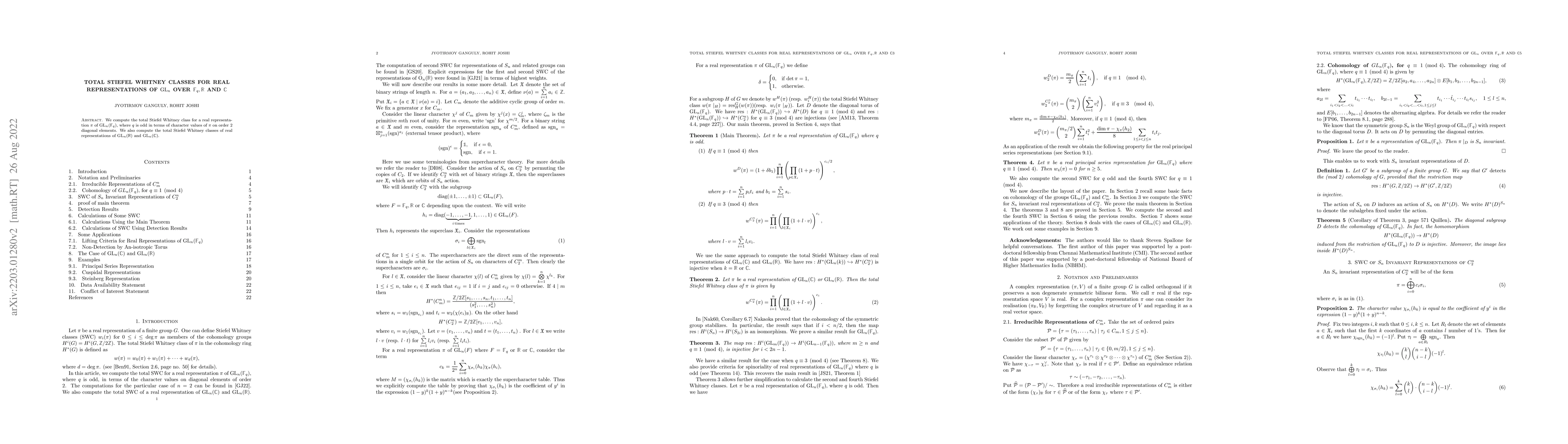 Thumbnail for Total Stiefel Whitney classes for real representations of
  $\mathrm{GL}_n$ over $\mathbb{F}_q, \mathbb{R}$ and $\mathbb{C}$