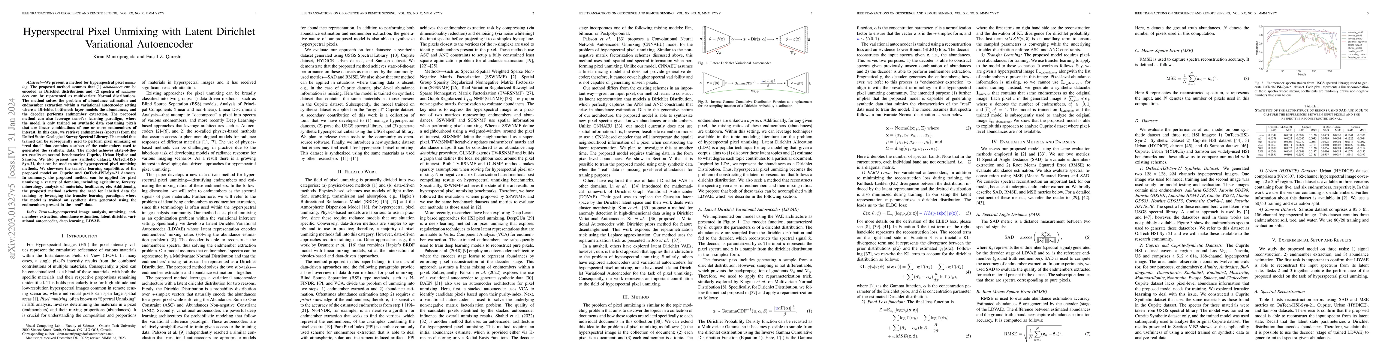 Thumbnail for Hyperspectral Pixel Unmixing with Latent Dirichlet Variational
  Autoencoder