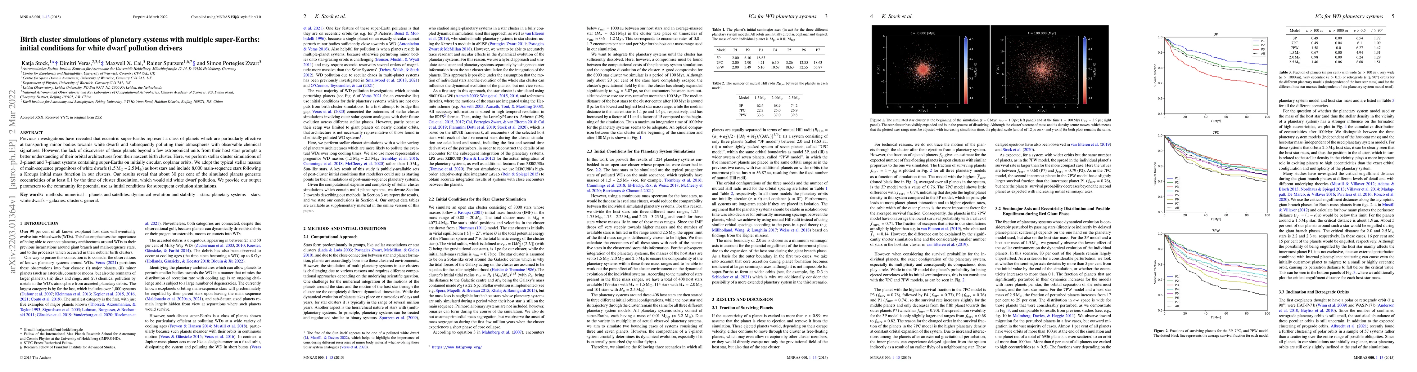 Thumbnail for Birth cluster simulations of planetary systems with multiple
  super-Earths: initial conditions for white dwarf pollution drivers