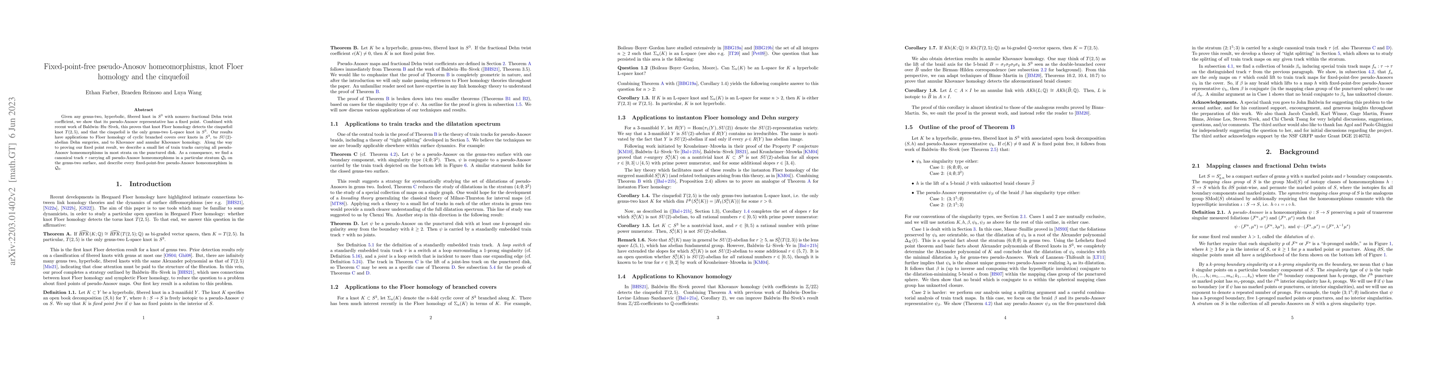 Thumbnail for Fixed-point-free pseudo-Anosov homeomorphisms, knot Floer homology and
  the cinquefoil