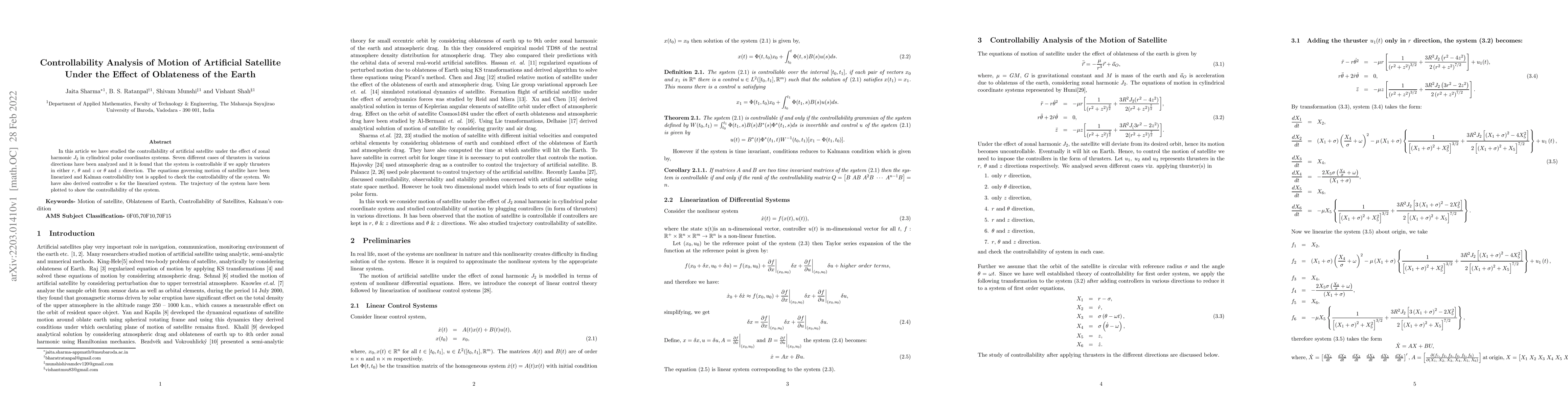 Thumbnail for Controllability Analysis of Motion of Artificial Satellite Under the
  Effect of Oblateness of the Earth