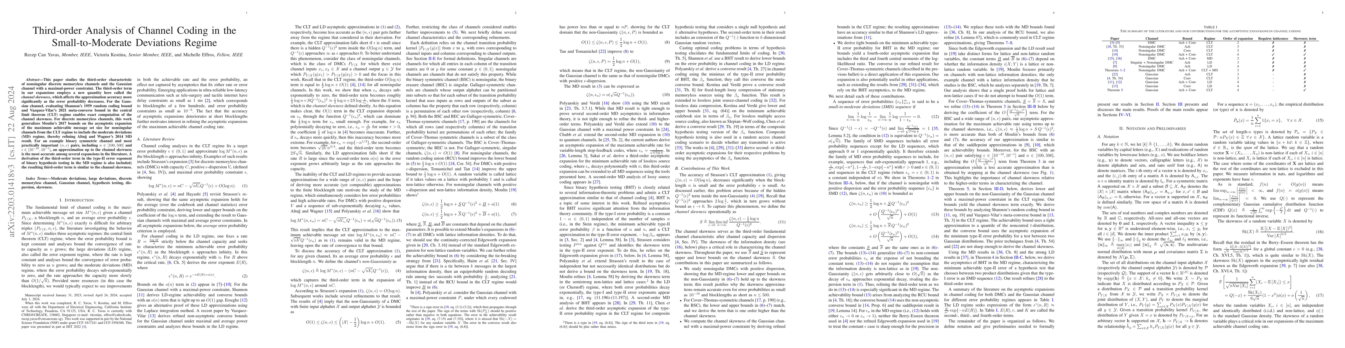 Thumbnail for Third-order Analysis of Channel Coding in the Small-to-Moderate
  Deviations Regime
