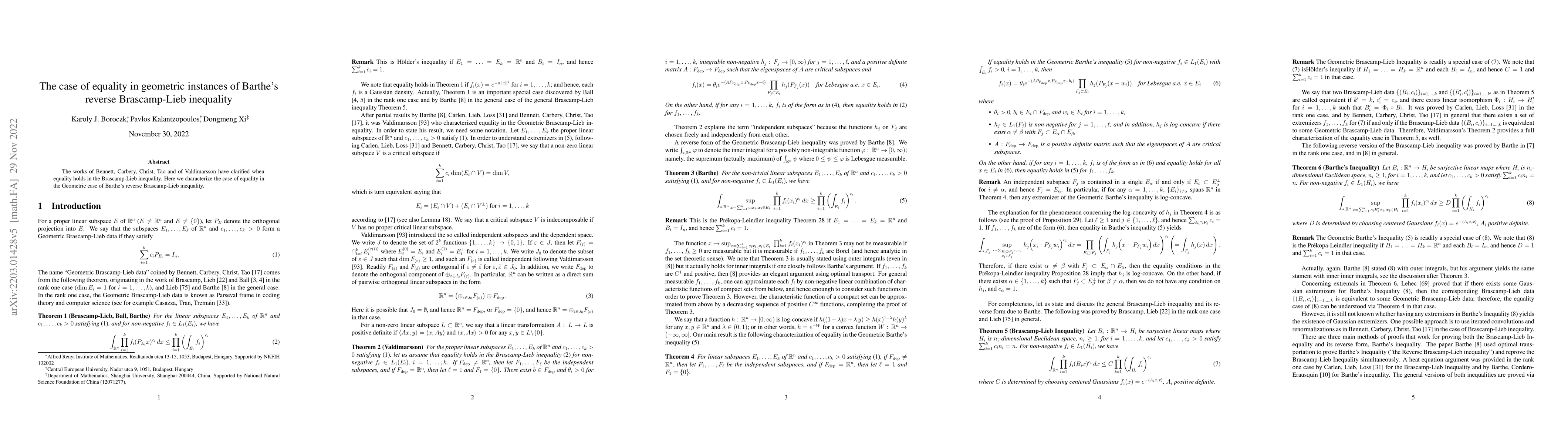 Thumbnail for The case of equality in geometric instances of Barthe's reverse
  Brascamp-Lieb inequalit