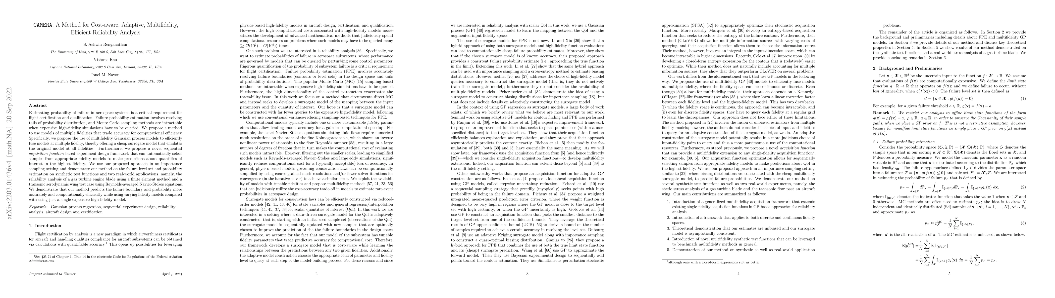 Thumbnail for CAMERA: A Method for Cost-aware, Adaptive, Multifidelity, Efficient
  Reliability Analysis