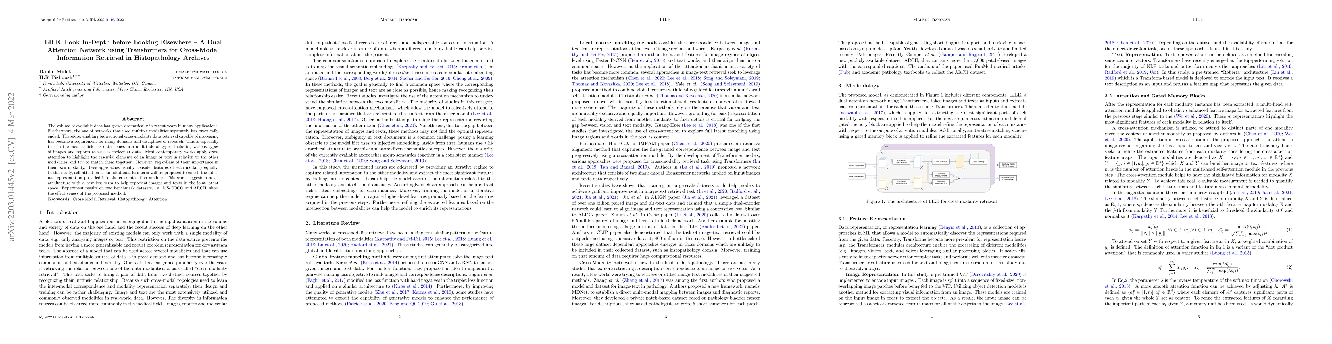 Thumbnail for LILE: Look In-Depth before Looking Elsewhere -- A Dual Attention Network
  using Transformers for Cross-Modal Information Retrieval in Histopathology
  Archives
