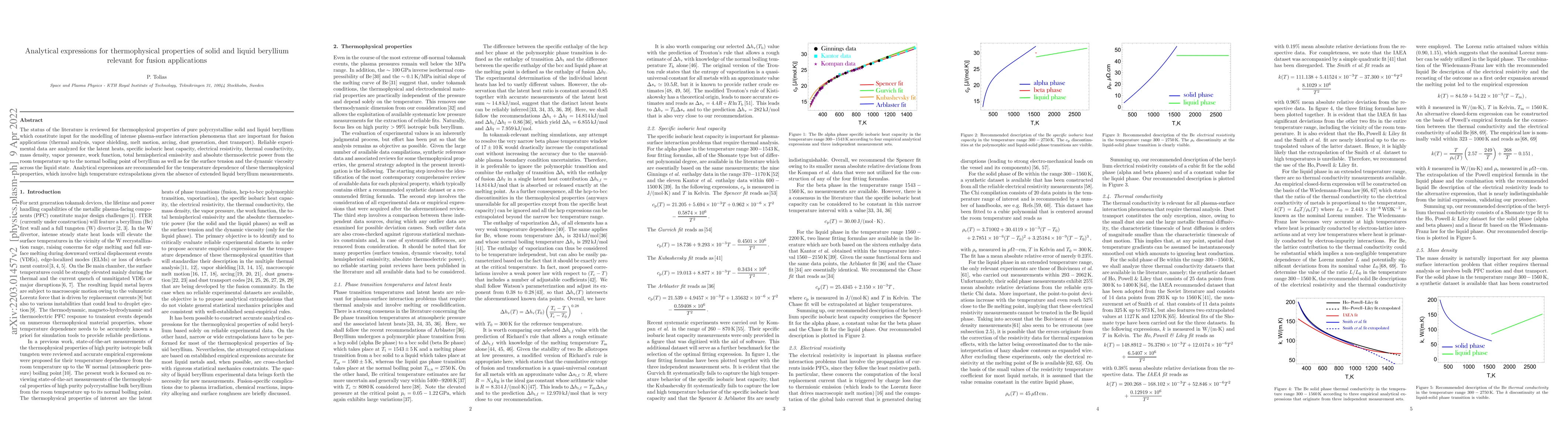 Thumbnail for Analytical expressions for thermophysical properties of solid and liquid
  beryllium relevant for fusion applications