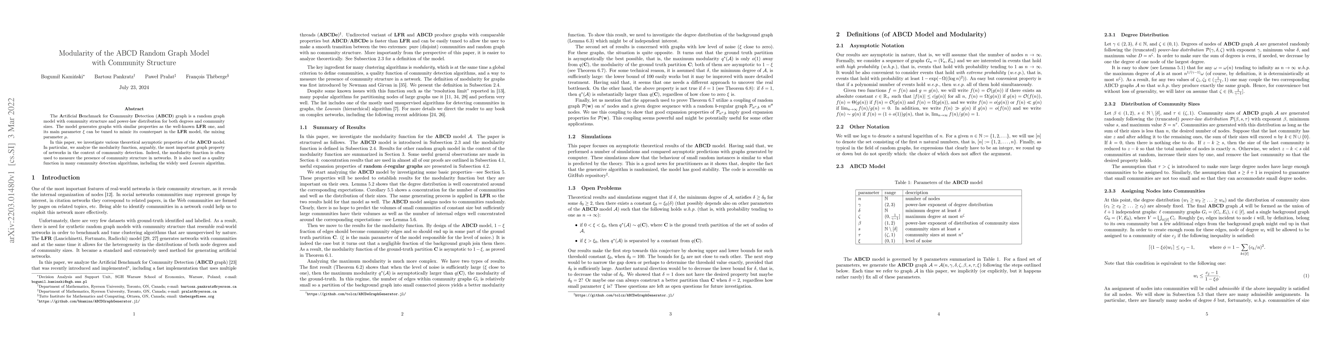 Thumbnail for Modularity of the ABCD Random Graph Model with Community Structure