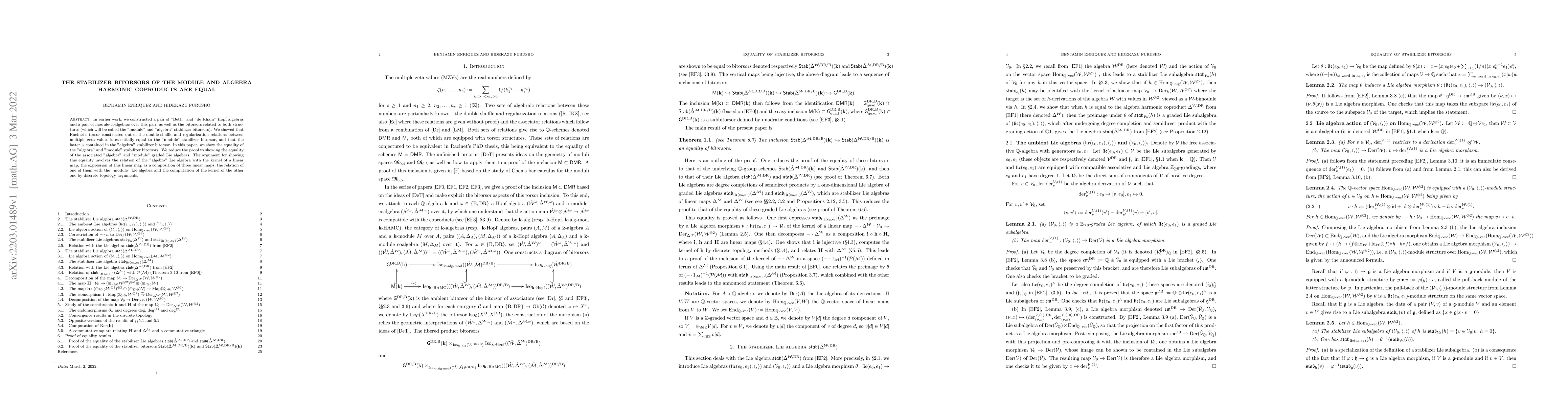 Thumbnail for The stabilizer bitorsors of the module and algebra harmonic coproducts
  are equal