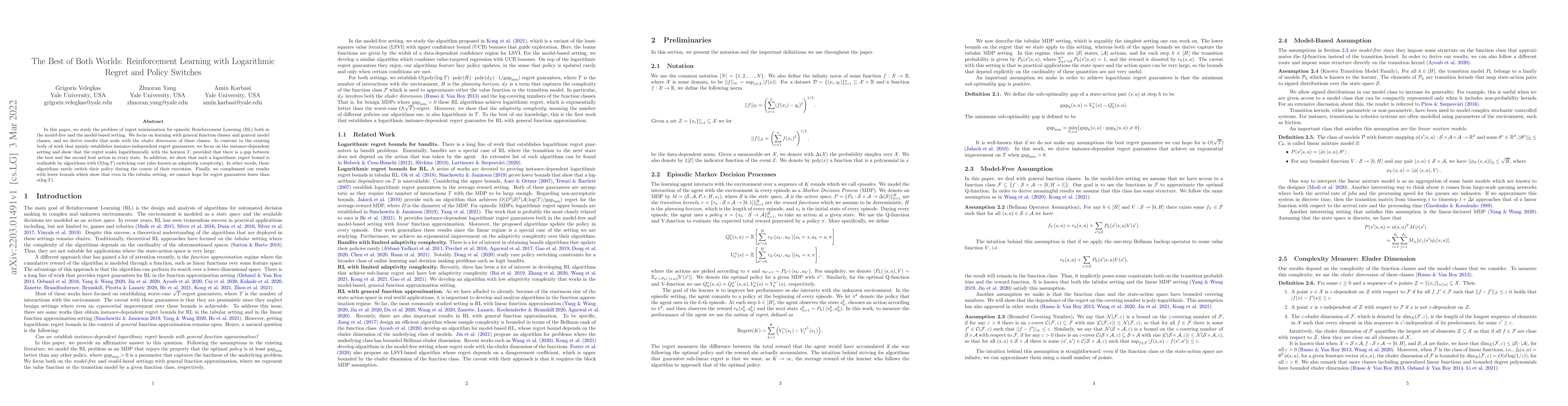 Thumbnail for The Best of Both Worlds: Reinforcement Learning with Logarithmic Regret
  and Policy Switches