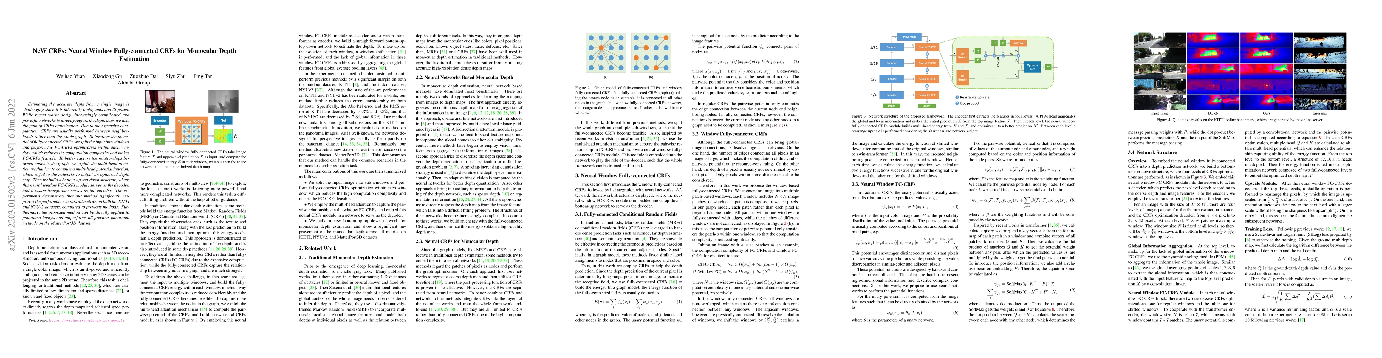 Thumbnail for NeW CRFs: Neural Window Fully-connected CRFs for Monocular Depth
  Estimation