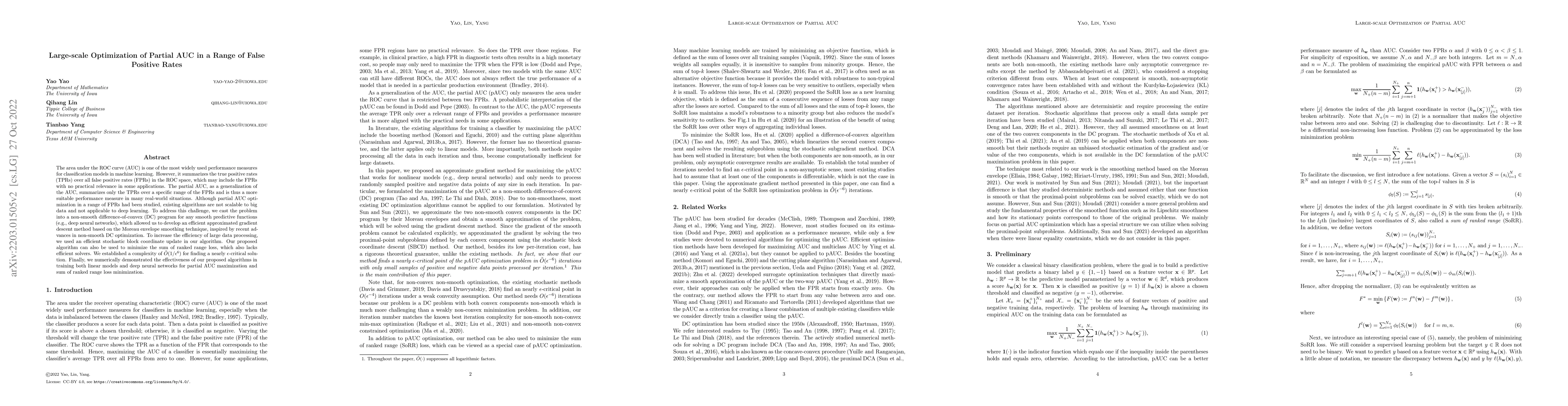 Thumbnail for Large-scale Optimization of Partial AUC in a Range of False Positive
  Rates
