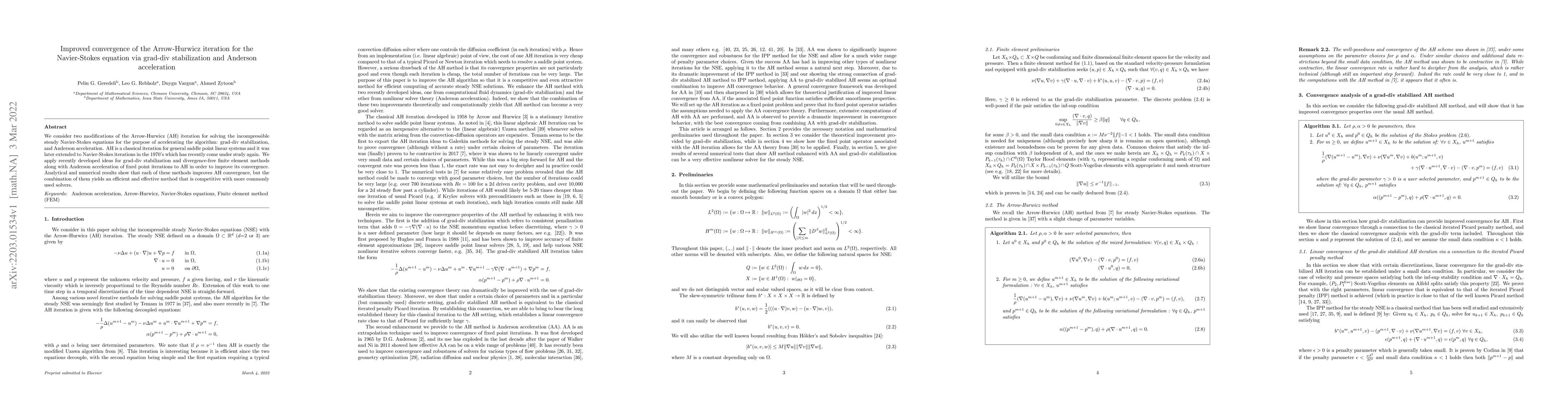 Thumbnail for Improved convergence of the Arrow-Hurwicz iteration for the
  Navier-Stokes equation via grad-div stabilization and Anderson acceleration