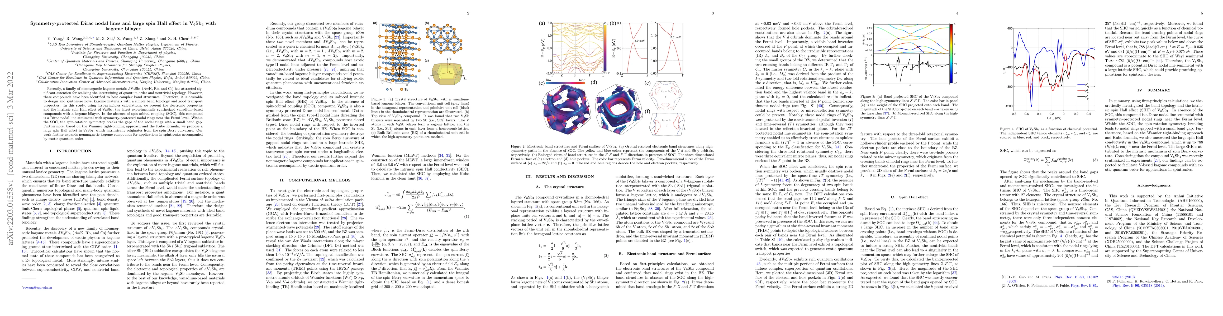 Thumbnail for Symmetry-protected Dirac nodal lines and large spin Hall effect in
  $\mathbf{V_6Sb_4}$ with kagome bilayer
