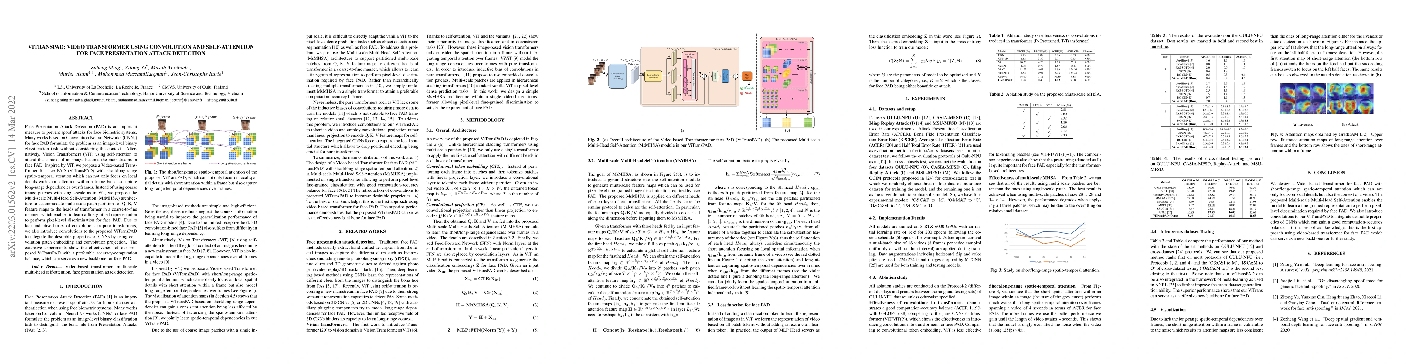 Thumbnail for ViTransPAD: Video Transformer using convolution and self-attention for
  Face Presentation Attack Detection